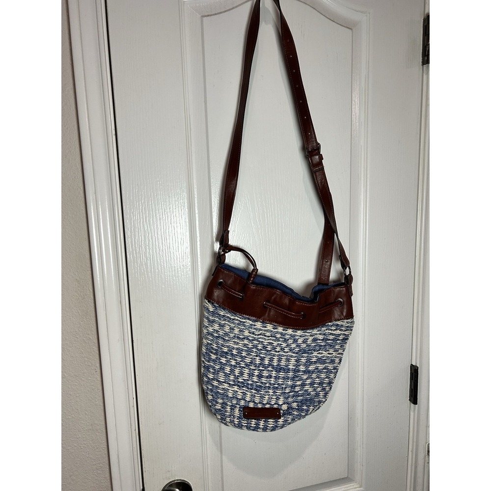 Lucky Brand Kenya Woven Blue Beige Bucket Cross Body Bag Cinch Close